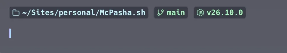 Warp's prompt in the McPasha.sh folder: chips for the directory, the main branch and Node v26.10.0, on the Dracula theme